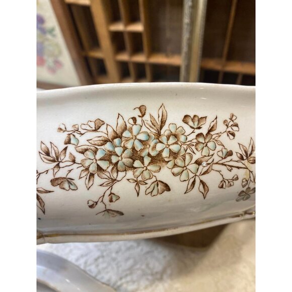 Antique White Porcelain Ironstone Meakin WM Co Tureen With Lid Floral Gold & Gre - Picture 4 of 9